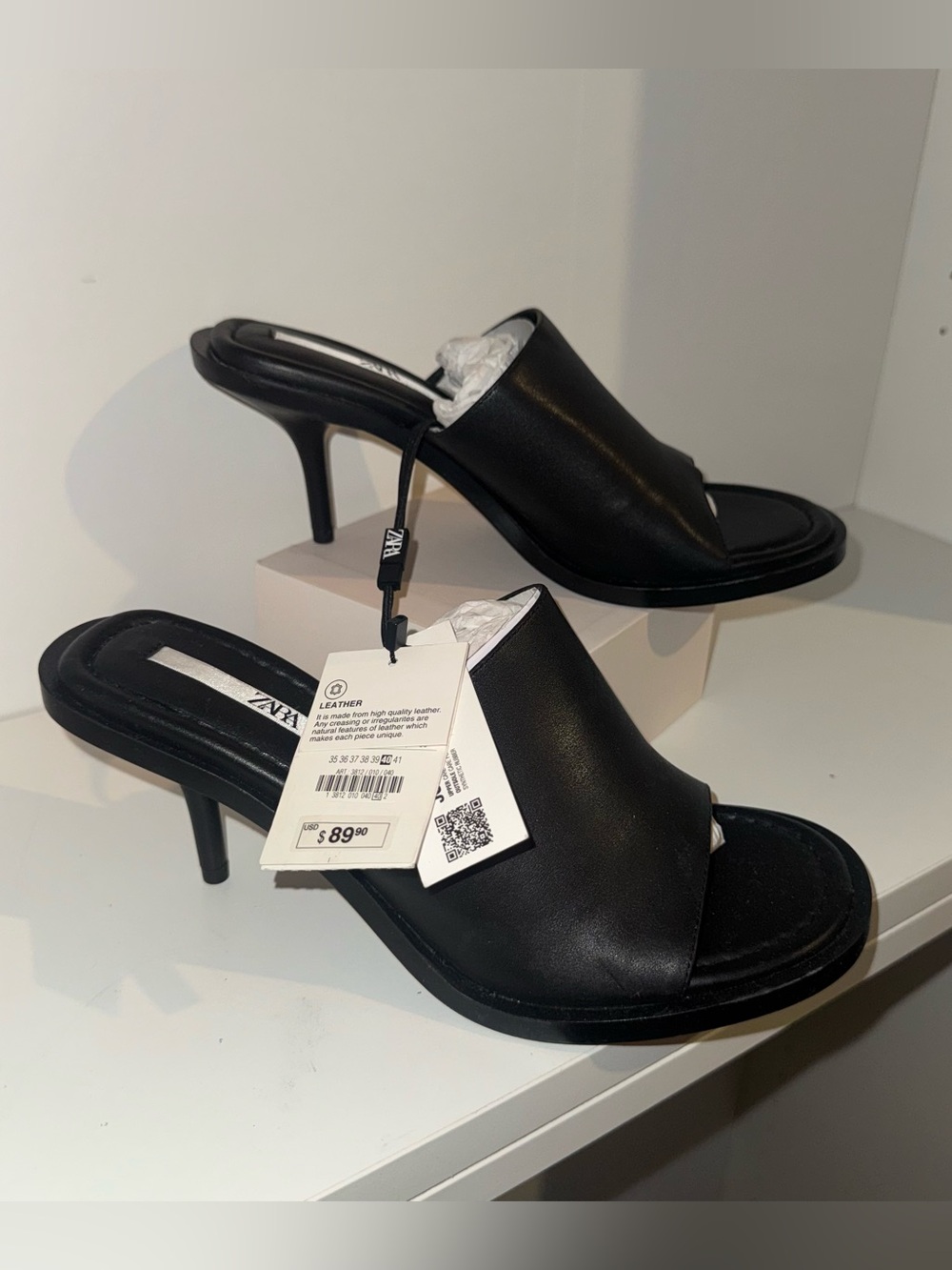Zara Brand NEW Black Leather Open Toe Kitten Heels Mules Sandals